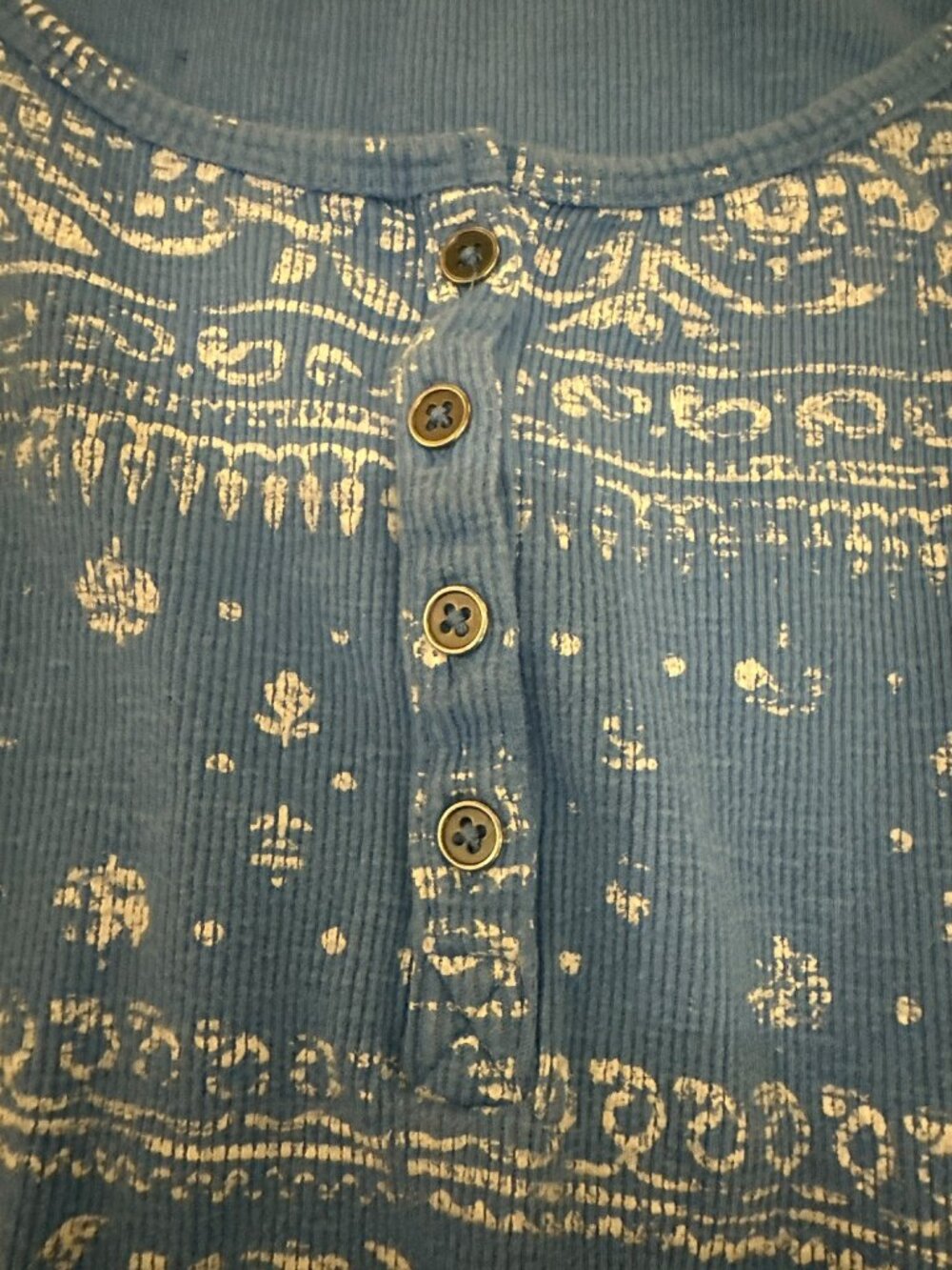 Sonoma Lifestyle Womens Blue Henley Top Large Graphic Boho Artsy Ribbed - Picture 4 of 5